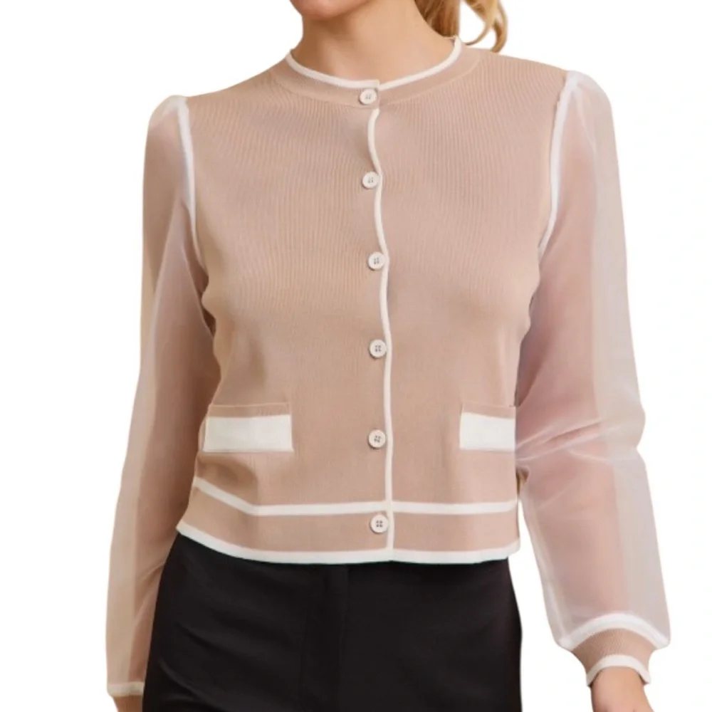 Rivir Organza Bloom Knit Cardigan w Balloon Sleeve in Tan/White - Picture 4 of 4